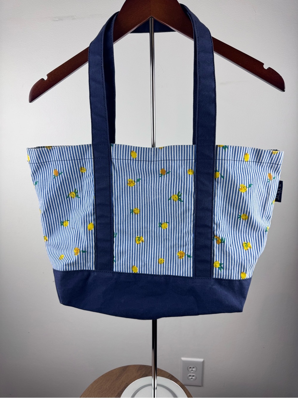 J. Crew Navy Trim Blue-White Striped Tote with Yellow Lemon Print